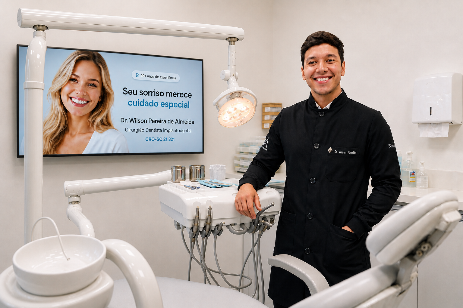 Dr. Wilson no consultório com equipamentos odontológicos